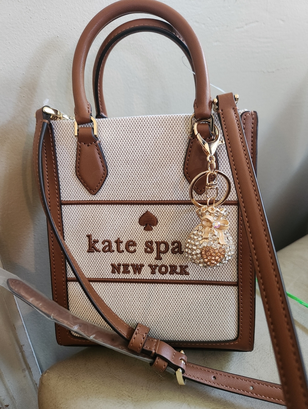 Kate Spade Cream Canvas & Brown Leather Crossbody Bag W Free Money Bag Charm NWT - Picture 3 of 8